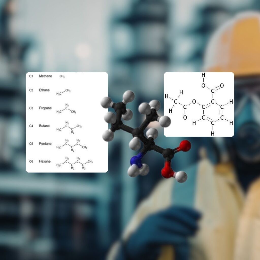what are VOCs? a blurred image in the background showing an industrial worker wearing breathing ppe. overlayed with carbon atoms found in volatile organic compounds