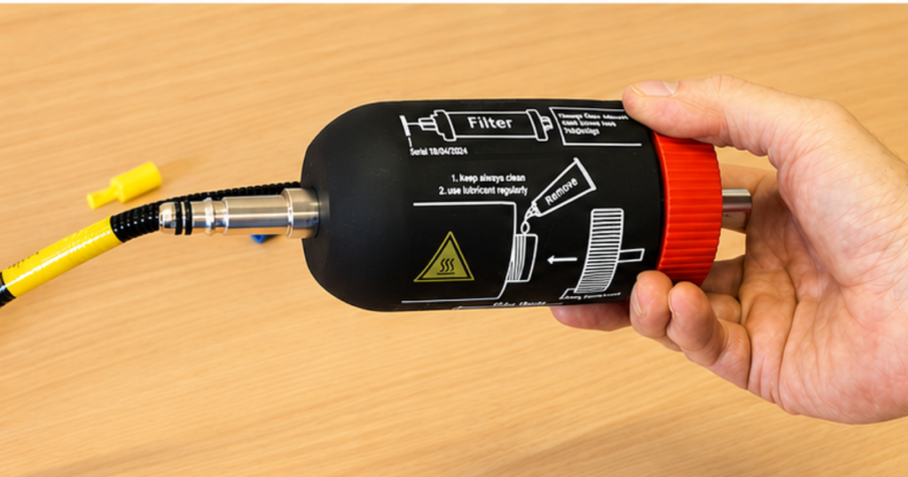 A hand holding a sample line filter
